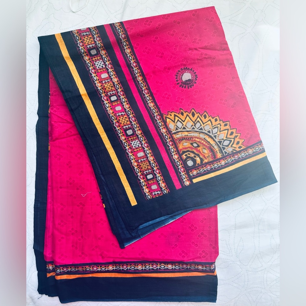 Vibrant Pink and Black Patterned cotton full length scarf